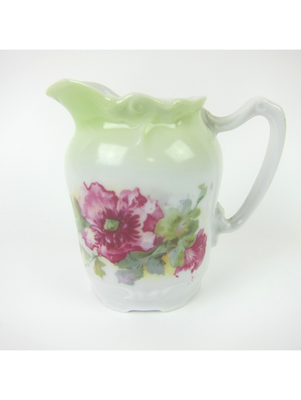 Antique Porcelain Creamer Pitcher Floral Dark Pink Roses & Green Accents 3.5"